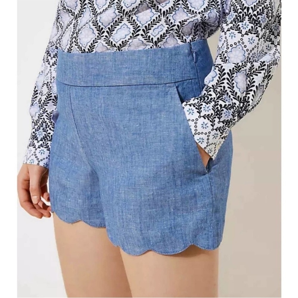 Ann Taylor Loft The Riviera Short, Linen Blend Chambray Scalloped Hem Size 00